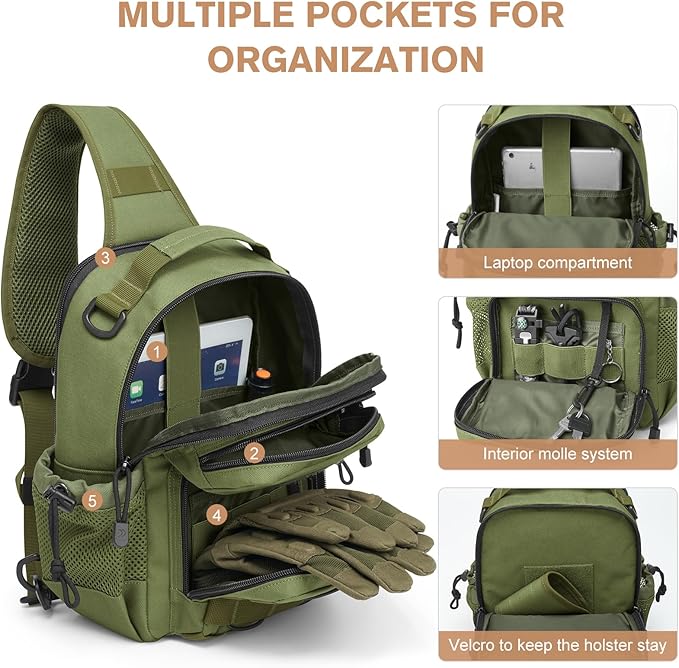 G4Free Tactical Sling Bag for Men Women EDC Concealed Carry Bag with Molle Crossbody Shoulder Pack (Green)