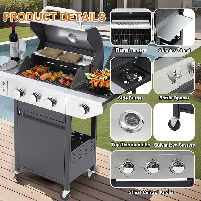Endark 3-burner Propane Gas Grill | 37000 BTU Stainless Steel with Side-iFre Function | with Enameled Cast Iron GrateThermometer and Side Stand Wheels | Great for Patio and Garden Outdoor Cooking