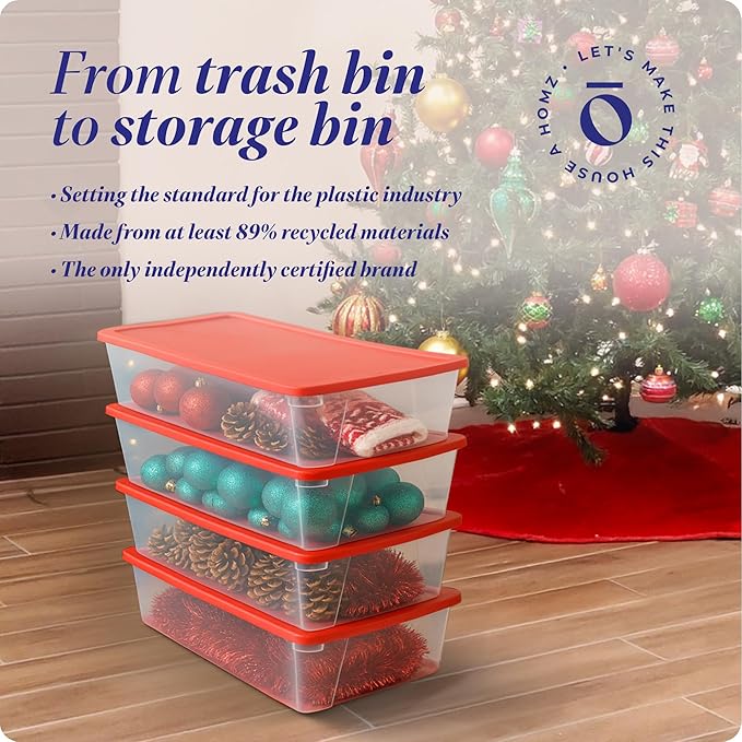 HOMZ 4-Pack Holiday Tote Clear Plastic Storage Organizer Bins with Lids 41 Quart Red - Stackable Organizing Containers for Home Garage and Office