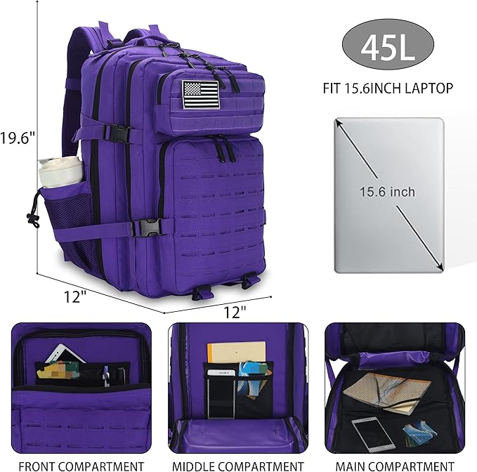 Sparklekle Military Tactical Backpack 45L 3 Day Assault Pack Waterproof Molle Hiking Rucksack for Men&ampWomen (Purple)