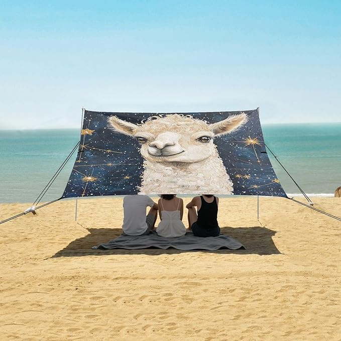 ALAZA Curly Hair Llama on Star Constellation Beach Tent Sun Shelter Portable Canopy Sunshade for Outdoor Camping Picnics Backyard Fun 10x9 ft