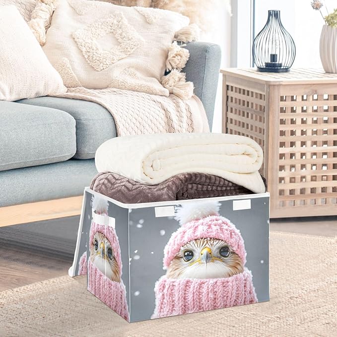 AIXIWAWA Lidded Storage Cube (Cute Bird in Winter) Fabric Foldable Closet Bins with Flip Lid and Handles Organizer Basket Container 16.5 x 12.6 x 11.8 IN