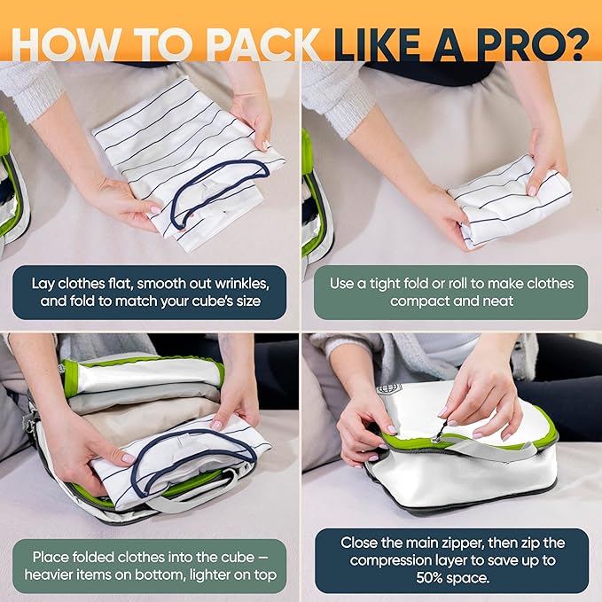 Large Compression Packing Cubes for Travel-Packing Cube Luggage Organizers 7 Piece Set for Checked Luggage-Ultralight Expandable/Compression Bags by TRIPPED Travel Gear (White/Green)