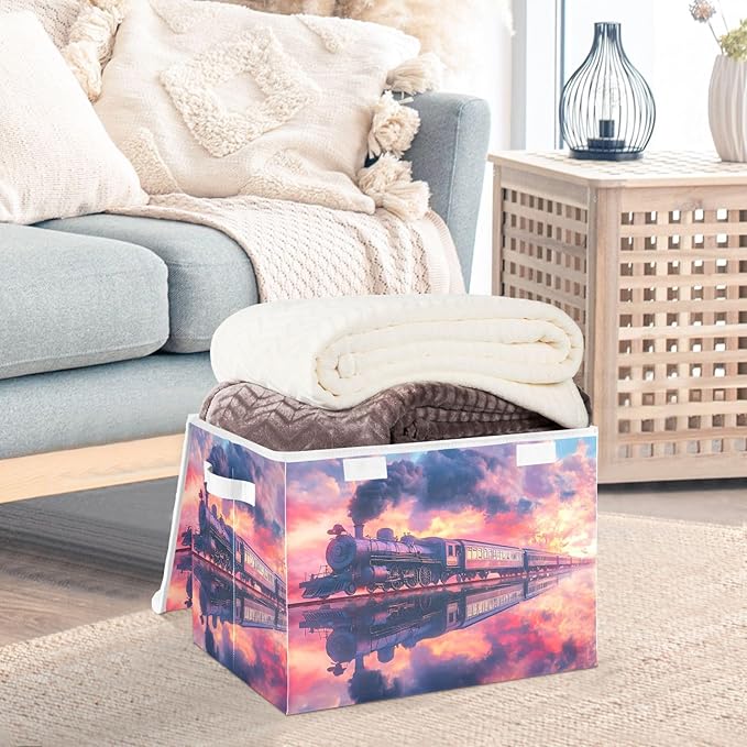 Storage Cube with Lid Surreal Train Print 16.5×12.6×11.8 IN Collapsible Large Capacity Foldable Storage Basket Bin Organizer