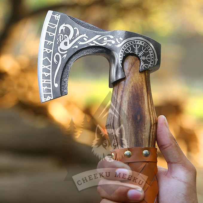 Custom Handmade Carbon Steel Real Viking Axe HatchetCamping Axe Birthday Gift for him Leather Wrapped Handle and Leather Sheath ((FM 20))