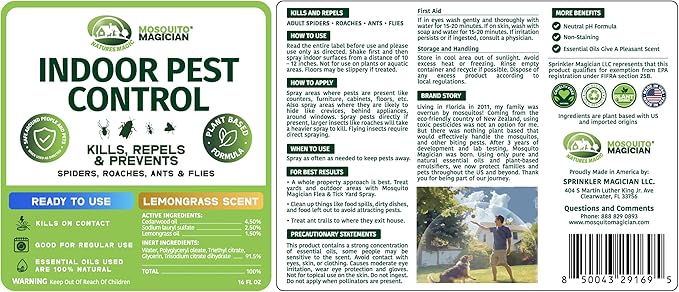 Mosquito Magician Indoor and Outdoor Flea &amp Tick Spray - Use for Carpet Furniture Bedding Couches &amp Pets – Plant-Sourced with Essential Oil – Lemongrass 16 OZ