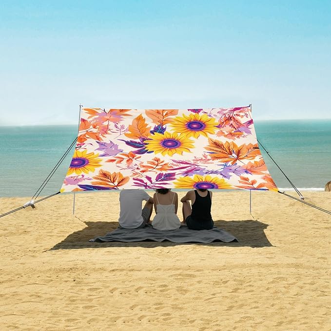 Beach Canopy with Windproof Ropes &amp Sandbags Beach Tent Sun Shade Sun Shelter for Camping Trips Fishing Backyard Fun or Picnics Flowers