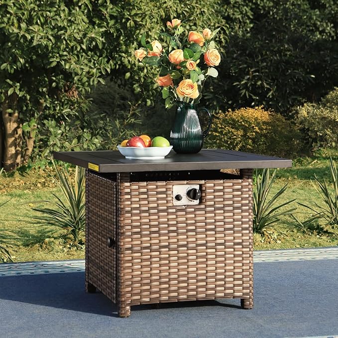 Sophia &amp William 32 Inch Gas Fire Pit Table Outdoor Rattan Propane Fire Table &amp Fireplace with Fire Glass Lid 50000 BTU Firepits for Outside Patio