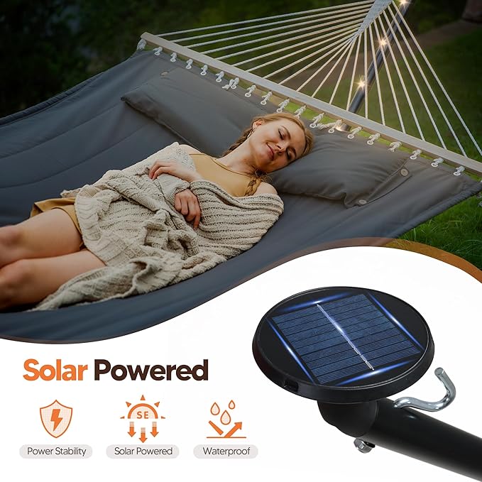 SUNCREAT Double Hammock with 12 ft Stand Solar Powered Lights Included Outdoor Hammock for Outside Dark Gray
