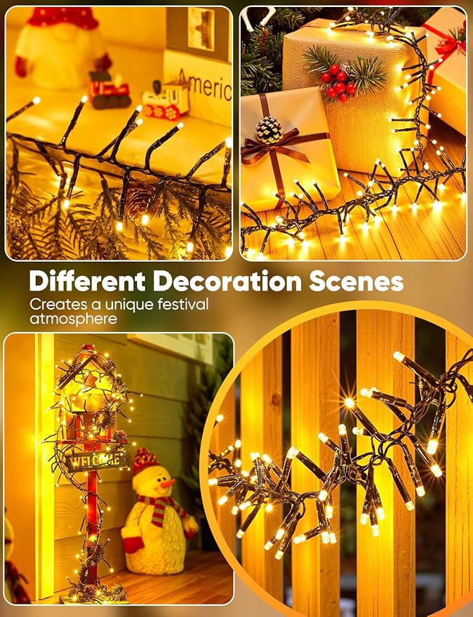 Minetom Battery Operated Christmas Lights Outdoor 4 Pack 10Ft 120 LED Battery Powered Christmas Tree Lights Firecracker Cluster Waterproof Twinkle Lights for Indoor Wreath Xmas Tree