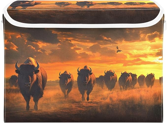 AIXIWAWA Lidded Storage Cube (Herd Of Bison) Fabric Foldable Closet Bins with Flip Lid and Handles Organizer Basket Container 16.5 x 12.6 x 11.8 IN