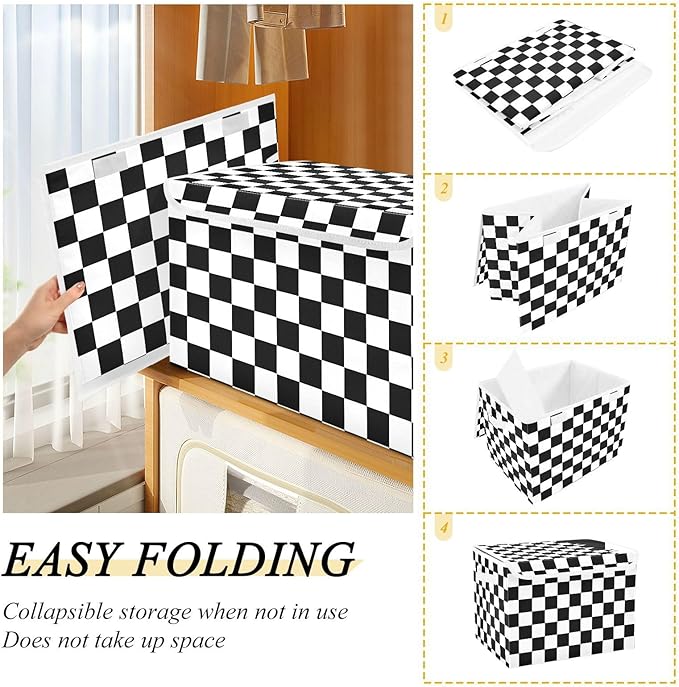 Collapsible Storage Bins with Lids Decorative Fabric Storage Cubes Closet Organizer and Storage Basket Boxes Containers for Clothes Box Chest Nursery Folding Rectangle Black White Checkered