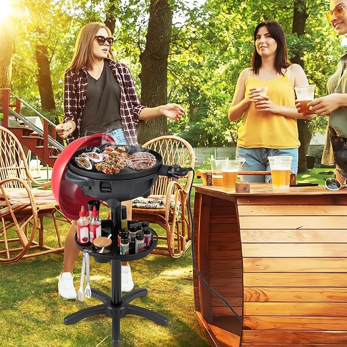 1200W Electric Grill Outdoor 2-in-1 Freestanding &amp Tabletop BBQ Grill w/Thermometer Nonstick Griddle Lid &amp Drip Tray Portable Camping Grill for Patio Backyard Party (Red)