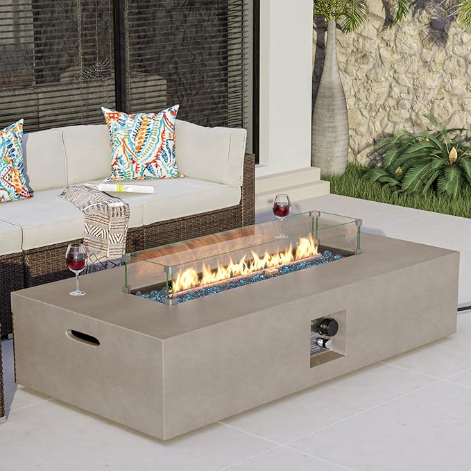 COSIEST Outdoor Propane Fire Pit Table 56-inch x 28-inch Rectangle Gray Concrete-Like Finish Certified 50000 BTU Stainless Steel Burner w Blue Fire Glass Wind Guard Raincover