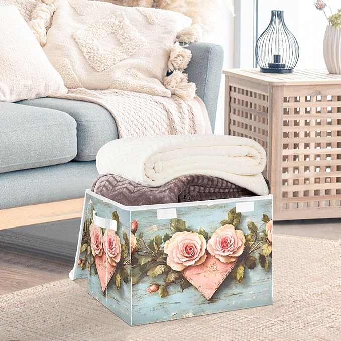 AIXIWAWA Lidded Storage Cube (Valentine Floral) Fabric Foldable Closet Bins with Flip Lid and Handles Organizer Basket Container 16.5 x 12.6 x 11.8 IN