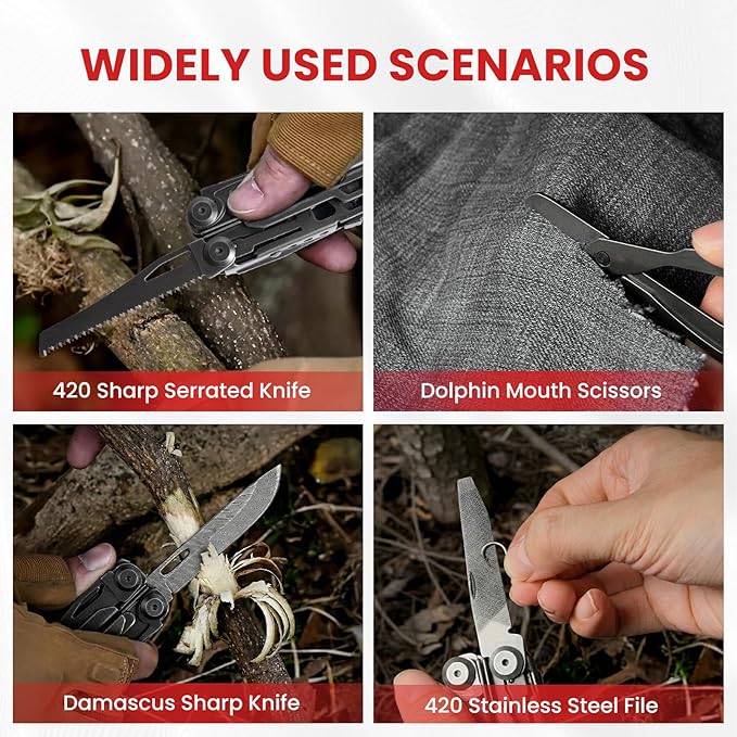 Multitool 33-in-1 Stainless Steel Multi Tool Pliers with Screwdriver Sleeve Damascus Pocket Knife Nylon Sheath for Outdoor Survival Camping Hiking Simple Repair