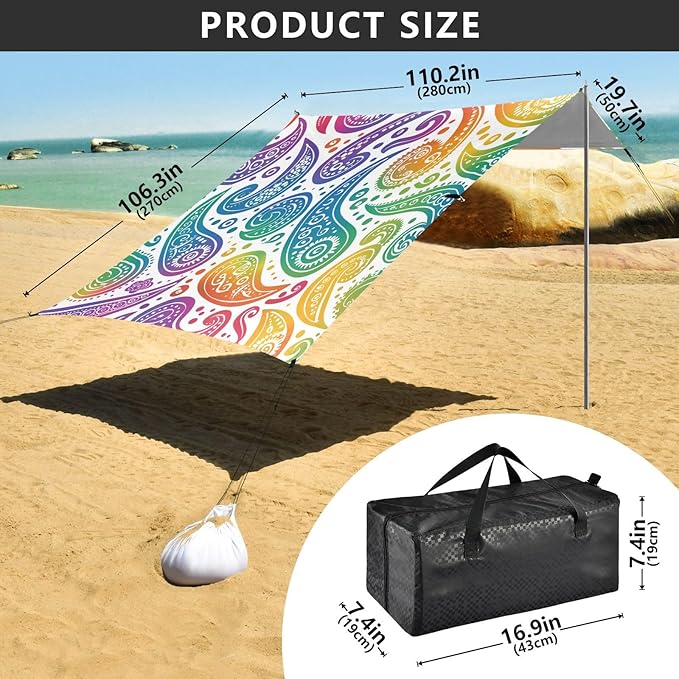 ALAZA Paisley Rainbow Color Beach Tent Sun Shelter UPF50+ Protection Beach Shade Canopy w/ 4 Sandbags for Outdoor Camping Fishing Backyard Fun Picnic 10x9 ft