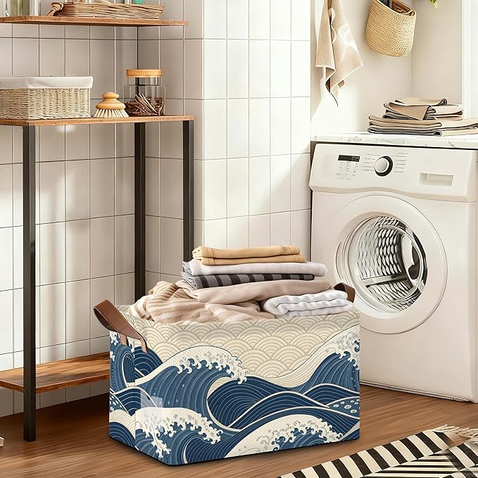 Ocean Waves Storage Bin with Handles Basket Storage Organizer for Shelves Closet Nursery Book Laundry Hamper &amp Home Decor