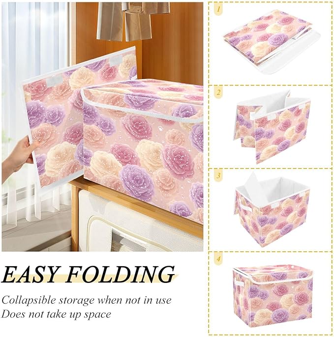 Storage Bins With Lid Stackable Fabric Closet Organizer Clothing Storage Large Boxes For Closet Shelves Bedroom Pink Roses Specks Dots Highlights