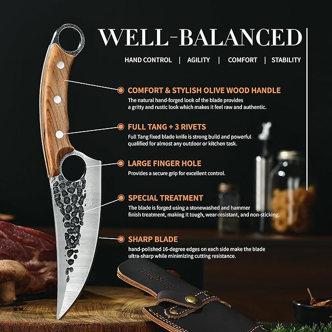 ZhengSheng Chef Knife Great Kitchen Knife with Leather Sheath Olive Wooden Handle Japanese Style Forged Viking knives for Home Cooking Camping BBQ