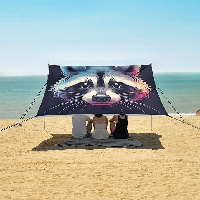ALAZA Raccoon Portrait Gradient Beach Tent Sun Shelter UPF50+ Protection Beach Shade Canopy w/ 4 Sandbags for Outdoor Camping Fishing Backyard Fun Picnic 10x9 ft