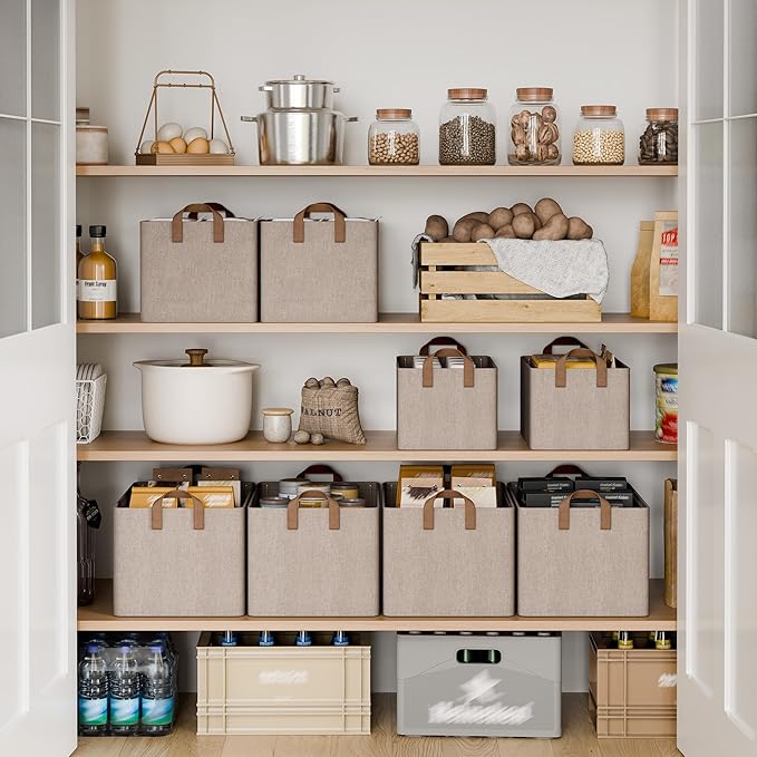 StorageWorks Storage Bins Fabric Storage Bins for Shelves Large Storage Baskets with Metal Frame Closet Baskets and Bins with Handles Brown and Beige 2-Pack