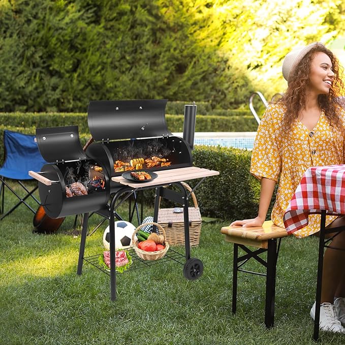 Outvita BBQ Charcoal Grill Outdoor Patio Barbecue Cooker with Offset Smoker Wheels and Tray for Balcony Picnics Party and Camping