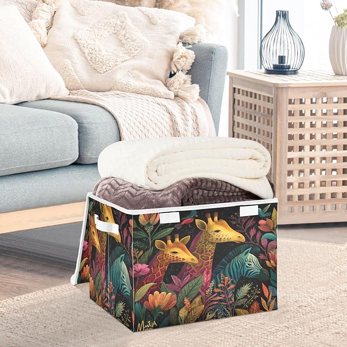 Fantasy Jungle Giraffes Zebra Black Collapsible Storage Bins with Lids Decorative Fabric Cubes Closet Organizer Basket Boxes Containers for Clothes Box Chest Folding Rectangl