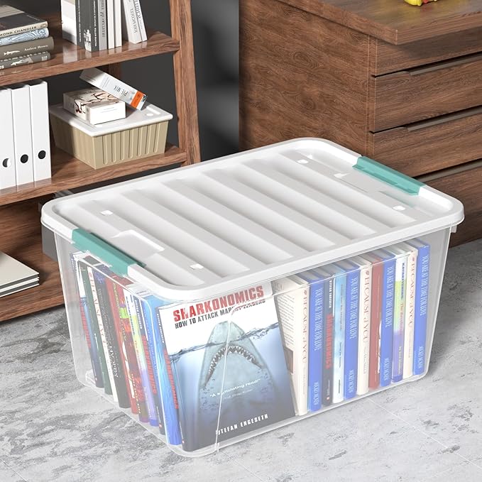 4 Pack 85 Quart Latching Storage Box Bin Large Storage Box with Wheels Clear