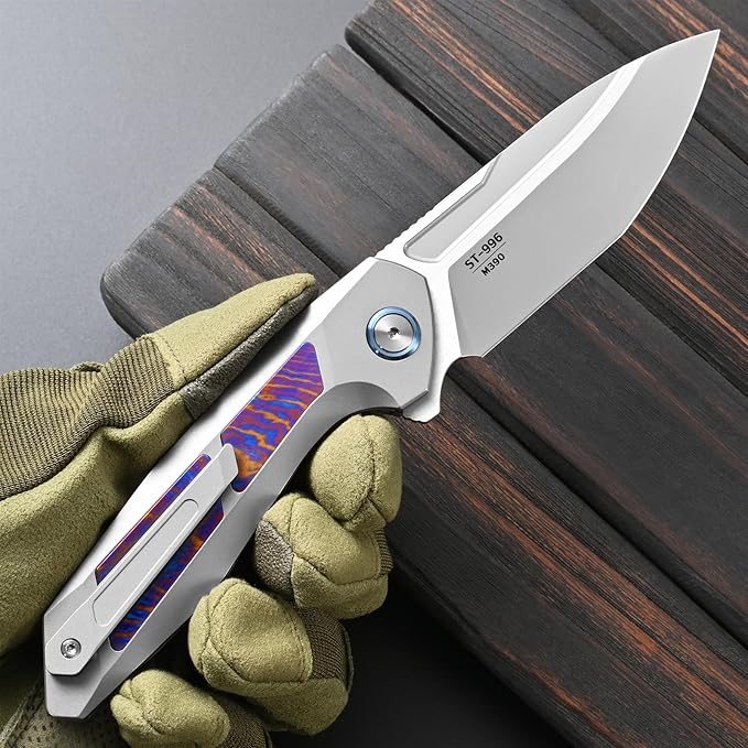 Sitivien ST996 Folding Knife Handmade M390 Pearlescent Polishing BladeTitanium &amp Timascus Handle for Outdoor Camping Hiking Working (Timascus)