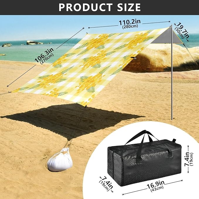 xigua Flowers Beach Tent Sun Shelter with Carrying Bag - Silver Coated Oxford Fabric Beach Canopy for Beach Camping Fishing - Includes Windproof Ropes Sandbags &amp Stakes