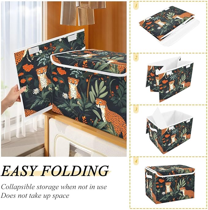 Doodle Leopard and Flower Foldable Storage Baskets Fabric Boxes with Handle Organizers with Flip-Top Lids Storage Bins for Home Bedroom Office
