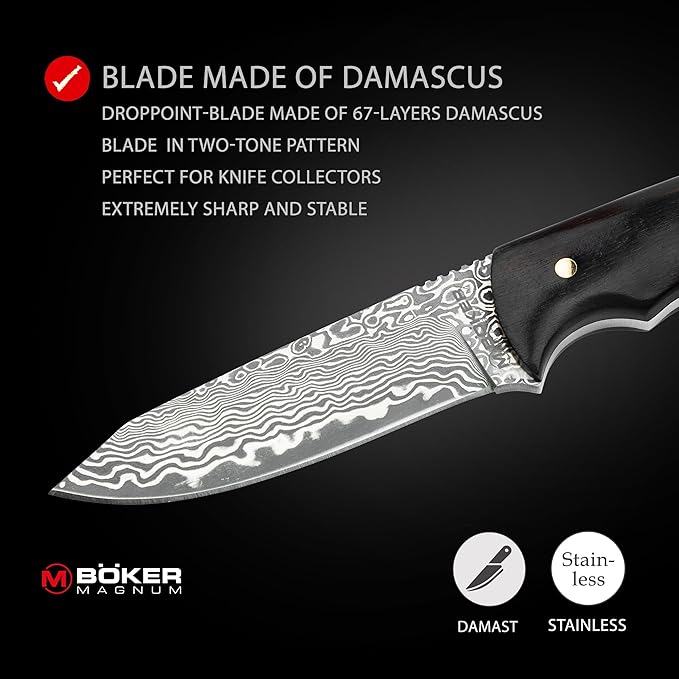 BOKER MAGNUM® Vernery Damascus Knife - Fixed Blade Hunting Knife with 67-Layer Damascus Blade – Ebony Wood Handle – Includes Black Leather Sheath