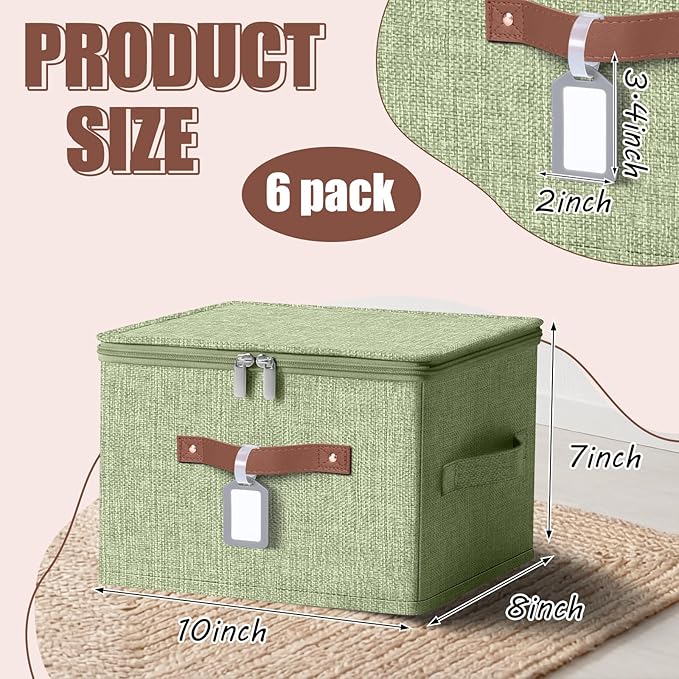 6 Pack Fabric Closet Storage Bins with Zipper Lids and Label 10×8×7In Large Size Foldable Cotton Linen Storage Cubes Boxes with PU Leather Handles Holders for Bedroom Shelf Nursery Green