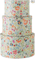 Soul &amp Lane Botanica Bliss Green Round Hat Boxes with Lids - Set of 3 Nesting Cardboard Hat Storage Boho Floral Print Cases Circle Stacking Decorative Keepsake Boxes