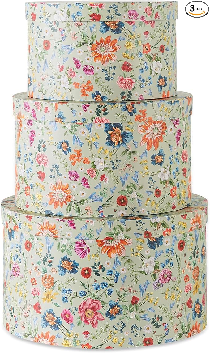 Soul &amp Lane Botanica Bliss Green Round Hat Boxes with Lids - Set of 3 Nesting Cardboard Hat Storage Boho Floral Print Cases Circle Stacking Decorative Keepsake Boxes