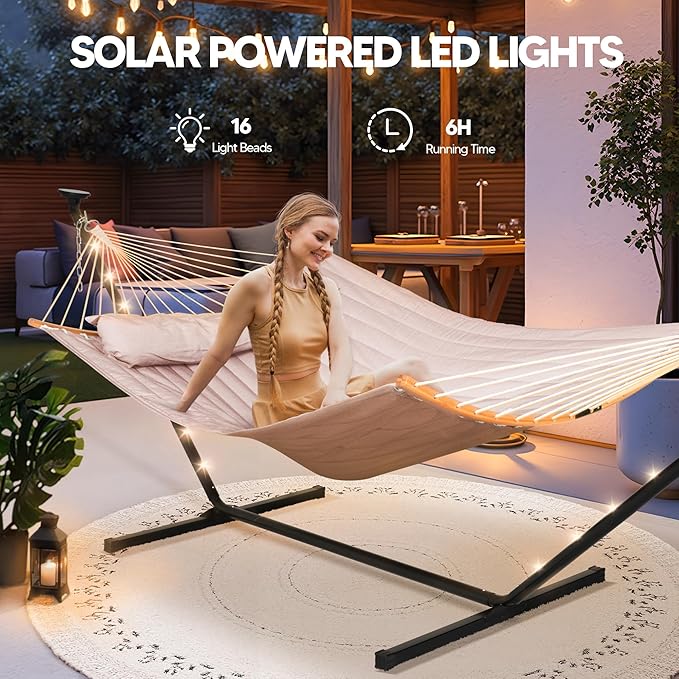 SUNCREAT Hammocks Outdoor 2 Person Hammock with Solar Powered Lights Double Hammock with 12 ft Stand Included Tan