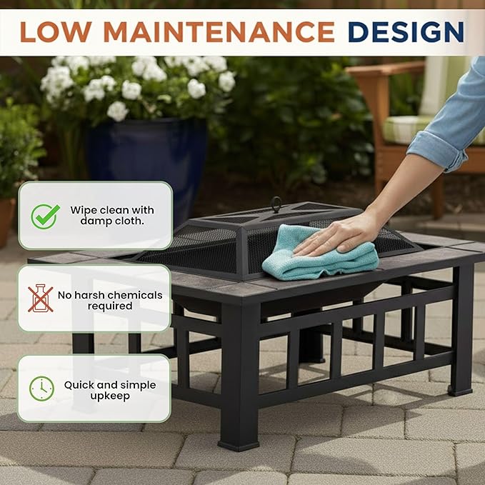 Fire Pit Set Wood Burning Pit -Includes Screen Cover and Log Poker- Great for Outdoor and Patio 37” Marble Tile Rectangular Firepit by Pure Garden