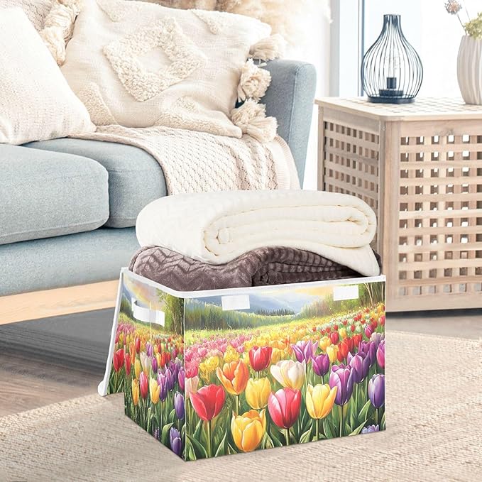Cartoon Tulips Collapsible Storage Bins with Lids Decorative Fabric Cubes Closet Organizer Basket Boxes Containers for Clothes Box Chest Folding Rectangle