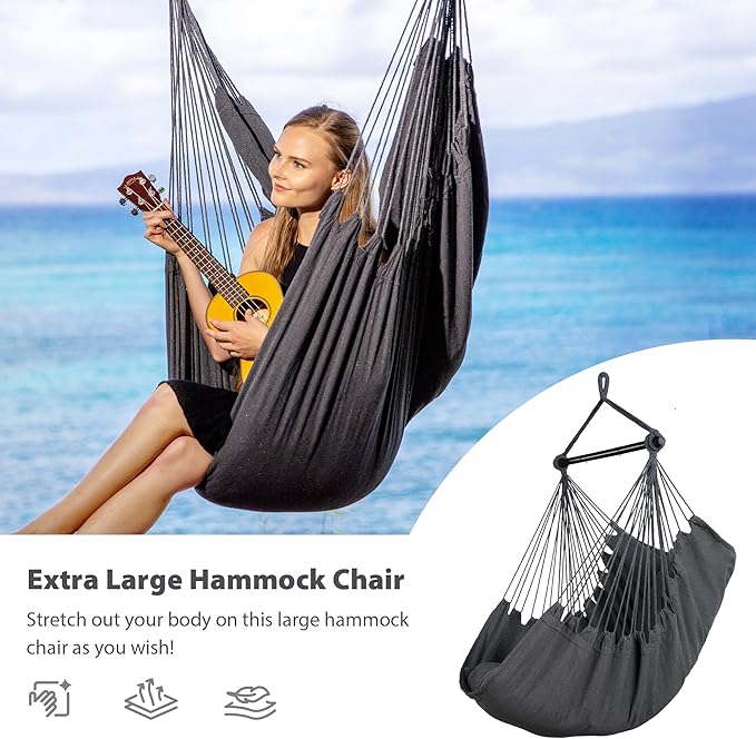 SUNCREAT Hammock Chair Swing with Steel Support Bar Side Pocket Large Hanging Chair Outdoor Max 450lbs Capacity Dark Gray
