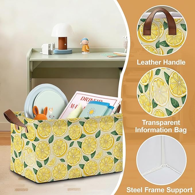 Lemon Storage Bin with Handles Basket Storage Organizer for Shelves Closet Nursery Book Laundry Hamper &amp Home Decor