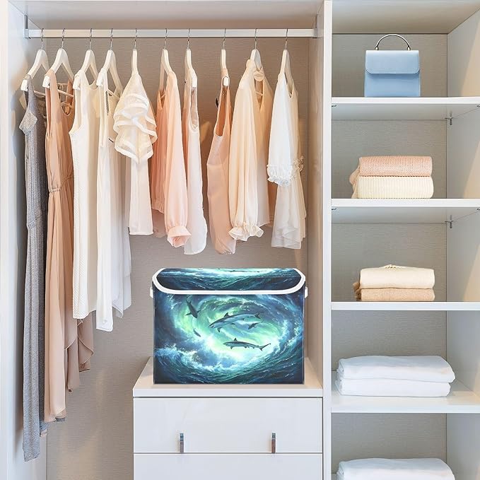MNSRUU Containers Baskets with Lids Aurora Shark Fabric Foldable Storage Bins Organizer with Lid Collapsible Storage Boxes for Home Bedroom Closet Office