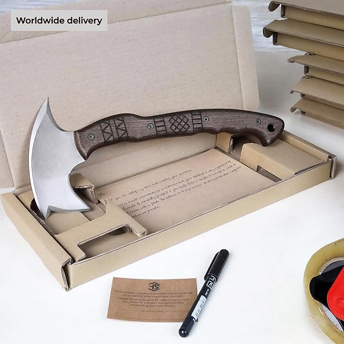 AncientSmithy Tomahawk Axe - Handmade Tactical Tomahawk Hatchet - Full Tang Combat Axe for Military Camping and Outdoor Activities (Three Spikes Oak Handle Kydex Sheath)