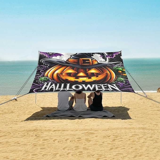 ALAZA Pumpkin Purple Bat Beach Tent Sun Shelter Portable Canopy Sunshade for Outdoor Camping Picnics Backyard Fun 10x9 ft