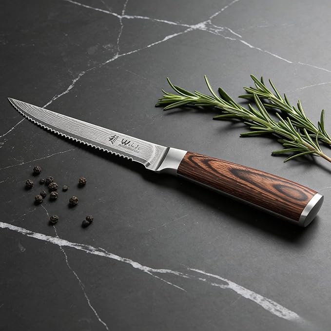 Wakoli EDIB 4-Piece Damascus Steak Knife Set – Professional Dining Kitchen Knives with VG10 Core Blades 67-Layer Damascus Steel &amp Ergonomic Pakkawood Handles – Premium Steak Cutlery in Gift Box