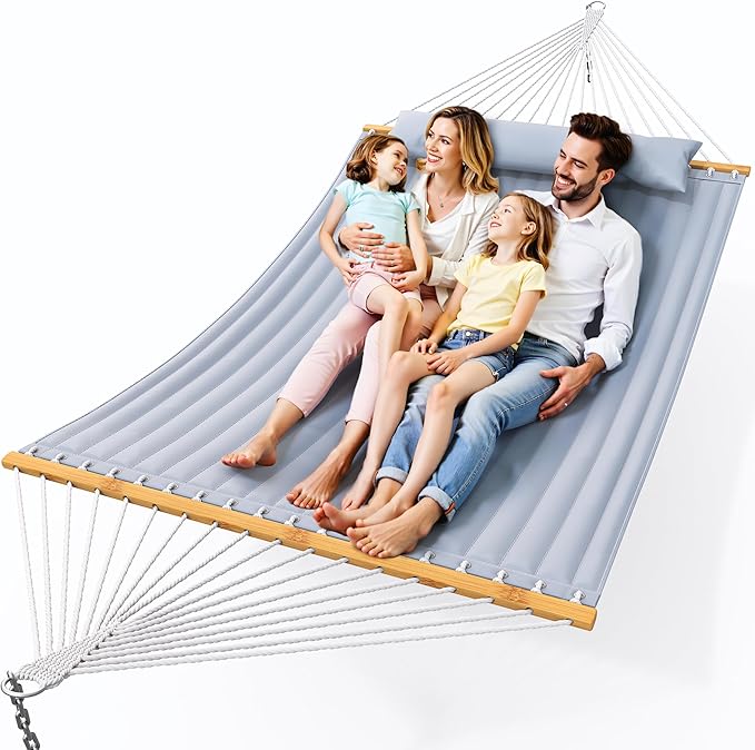 Everyfun Double Hammock with Spreader BarSoft PillowMax Load 500lbsPortable Hammock for OutdoorCampingand BackyardDark Gray