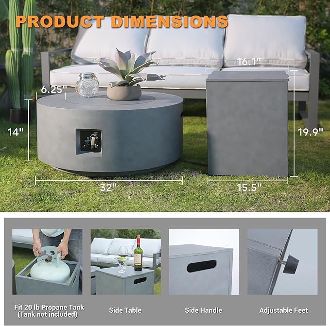 32 Inch Fire Pit Table 3-Piece Outdoor Propane Fire Pit Table 65000 BTU Round Gas Firepit Wind Guard 16 inches Tank Side Table and Baking Sheet for Garden Patio Grey