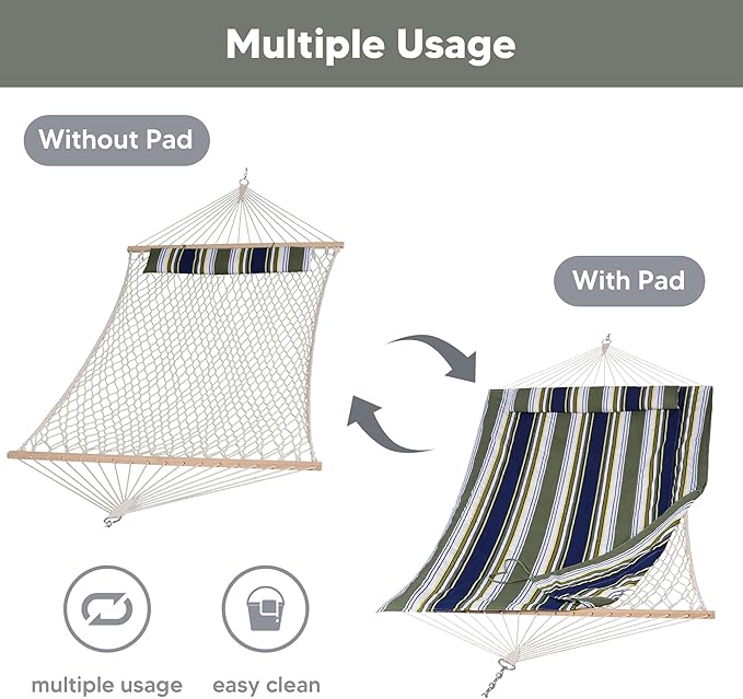 SUNCREAT Hammocks Outdoor Double Hammock with Hardwood Spreader Bar Cotton Rope Hammock with Polyester Pad Blue&ampAqua