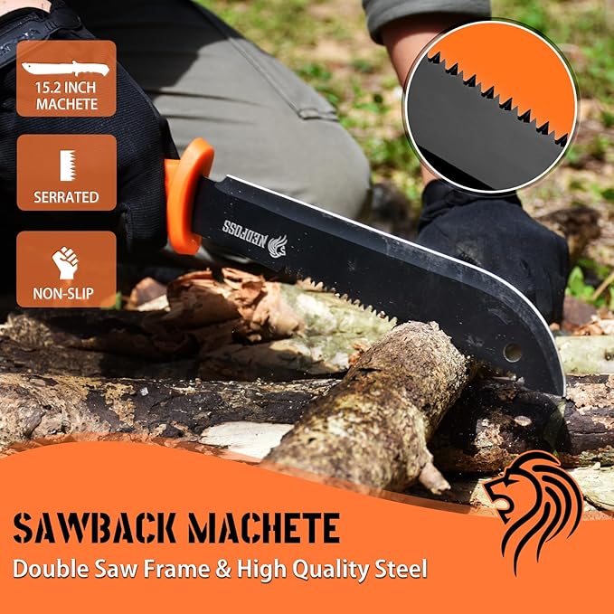 NedFoss 15 Inch Machete 10 Inch Camping Axes and Hatchets Machetes Knife Set with Shock Reduction Handle Machete for Yard Work Cutting Trees Heavy Duty Bushcraft Garden Clearing Survival Gifts