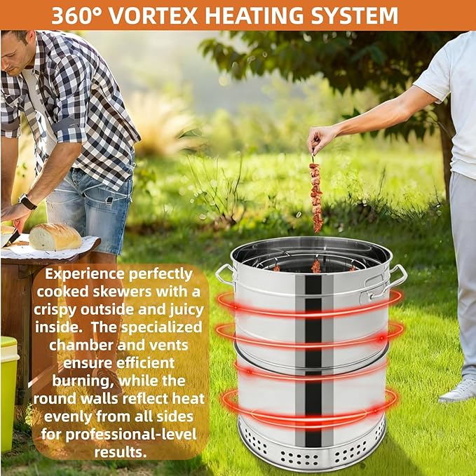 2-in-1 Vertical Smoker Barrel Grill Portable Charcoal BBQ 360° Smokeless Stainless Steel BBQ Grill Barrel for Outdoor Barbecue Camping And Backyard Cooking (Large-50 Skewers)